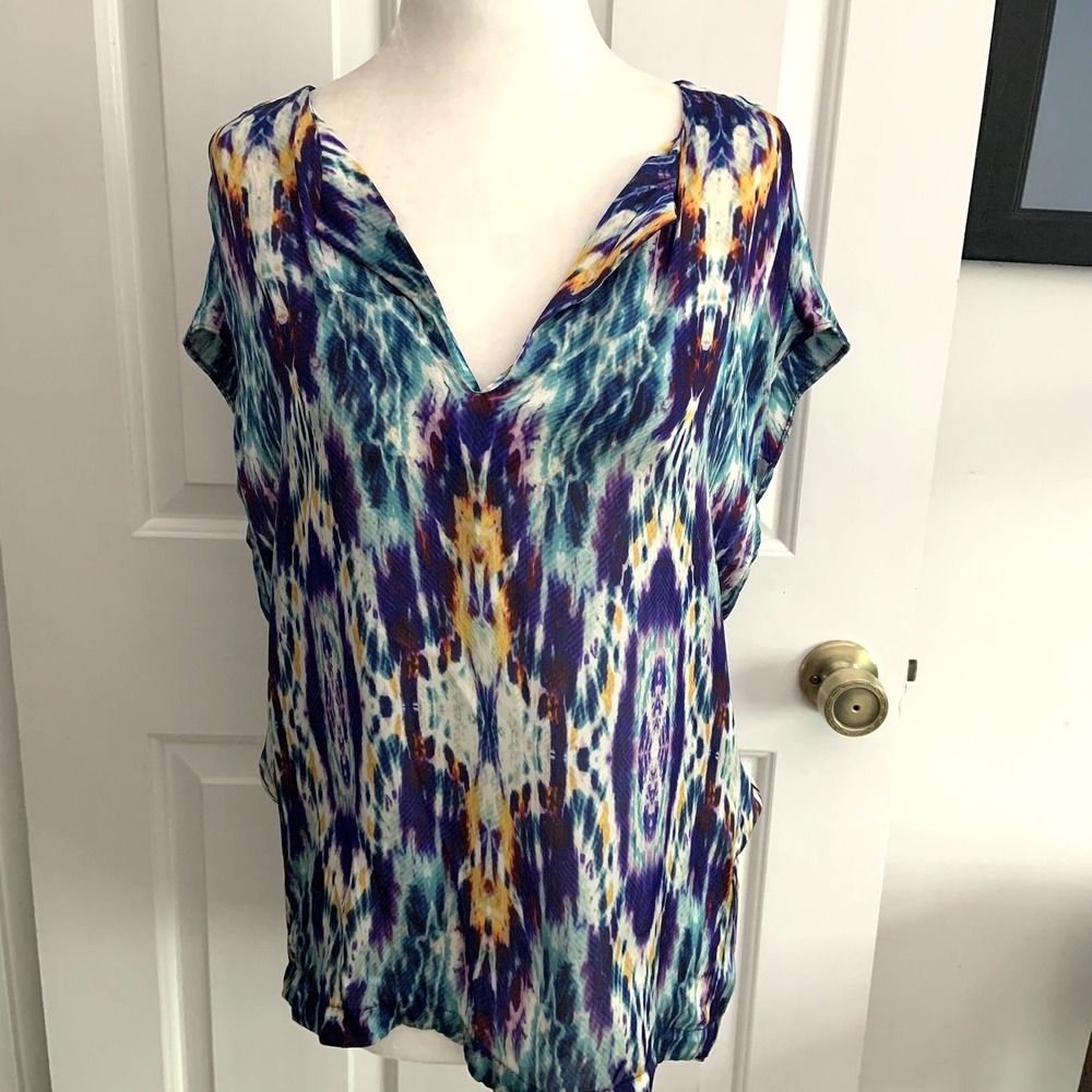 ETCETERA Split Neck Cap Sleeve SILK Lightweight Top Women sz 2 Abstract Print